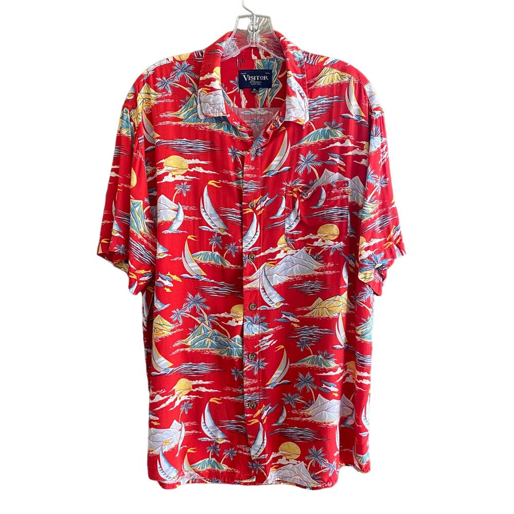 Hawaiian Shirt Red Short Sleeves Button Up Festival Luau Palm Trees Men's XL